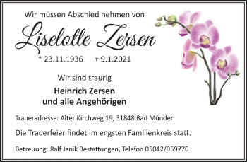 Traueranzeige von Liselotte Zersen von Neue Deister-Zeitung