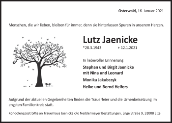 Traueranzeige von Lutz Jaenicke von Deister- und Weserzeitung