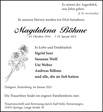 Traueranzeige von Magdalena Böhme von Neue Deister-Zeitung