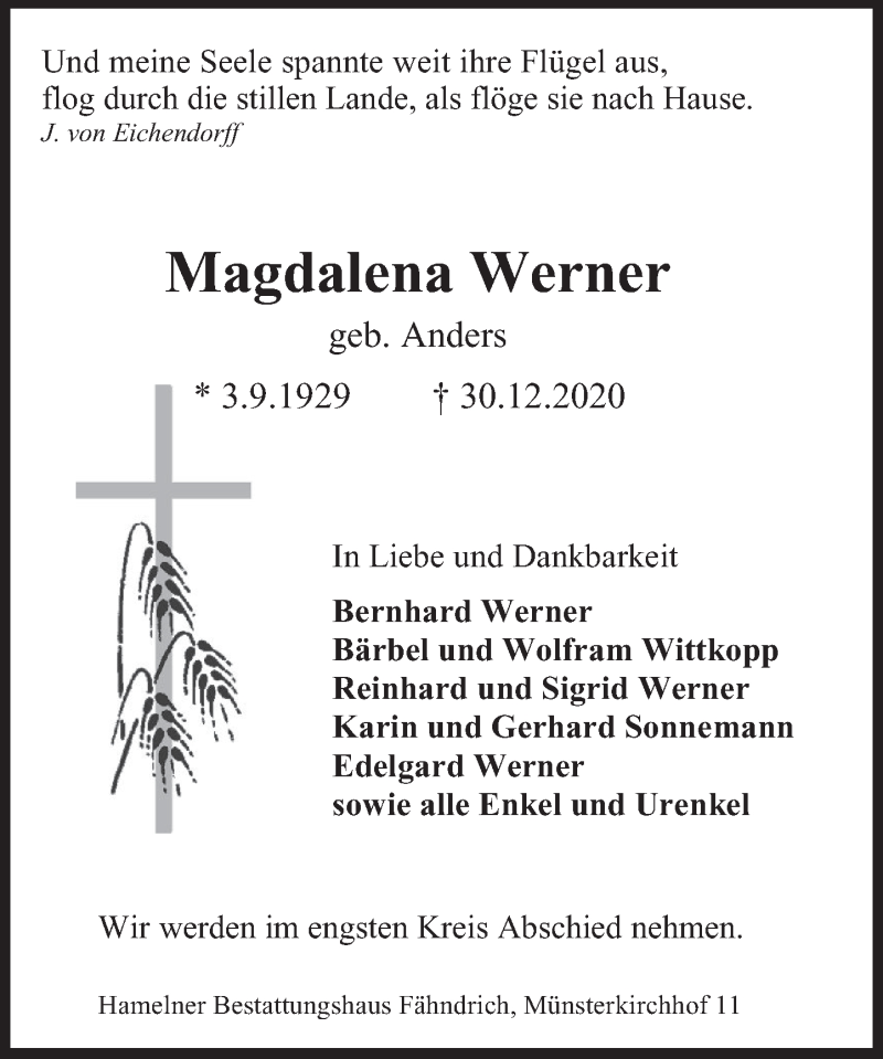  Traueranzeige für Magdalena Werner vom 09.01.2021 aus Deister- und Weserzeitung