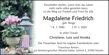 Traueranzeige von Magdalene Friedrich von Deister- und Weserzeitung