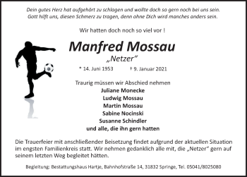 Traueranzeige von Manfred Mossau von Neue Deister-Zeitung