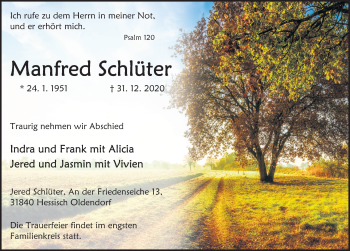 Traueranzeige von Manfred Schlüter von Deister- und Weserzeitung