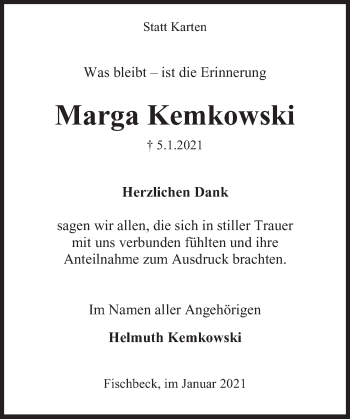 Traueranzeige von Marga Kemkowski von Deister- und Weserzeitung