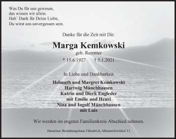 Traueranzeige von Marga Kemkowski von Deister- und Weserzeitung