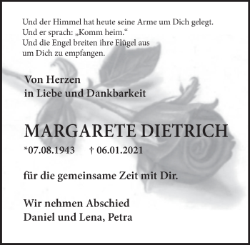 Traueranzeige von Margarete Dietrich von Deister- und Weserzeitung