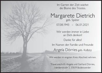 Traueranzeige von Margarete Dietrich von Deister- und Weserzeitung