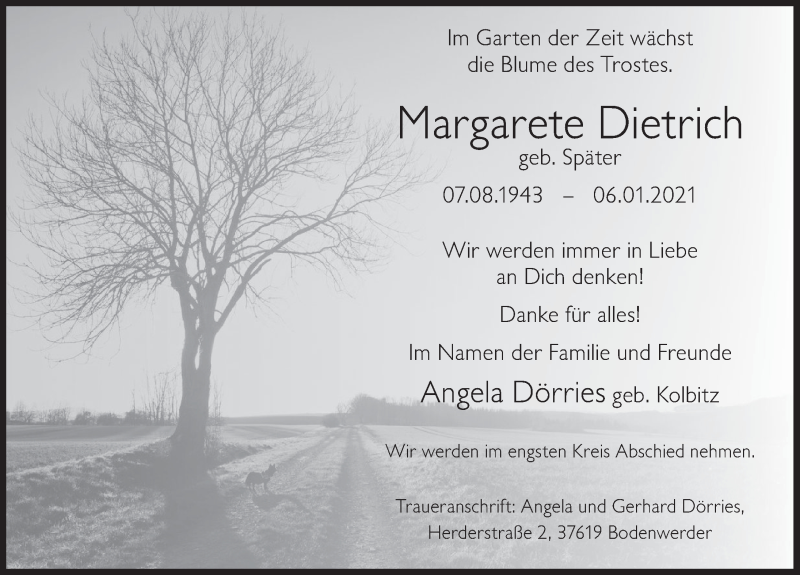  Traueranzeige für Margarete Dietrich vom 16.01.2021 aus Deister- und Weserzeitung