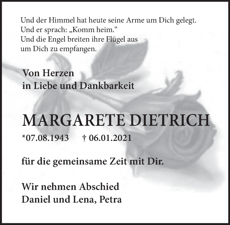  Traueranzeige für Margarete Dietrich vom 16.01.2021 aus Deister- und Weserzeitung