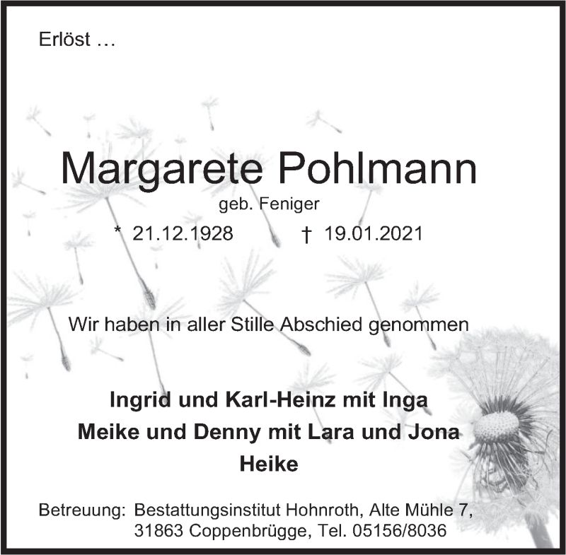  Traueranzeige für Margarete Pohlmann vom 30.01.2021 aus Deister- und Weserzeitung