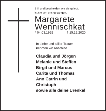 Traueranzeige von Margarete Wennischkat von Neue Deister-Zeitung
