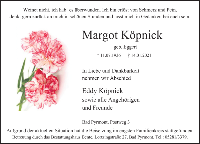 Traueranzeige für Margot Köpnick vom 23.01.2021 aus Deister- und Weserzeitung