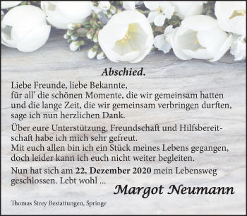 Traueranzeige von Margot Neumann von Neue Deister-Zeitung