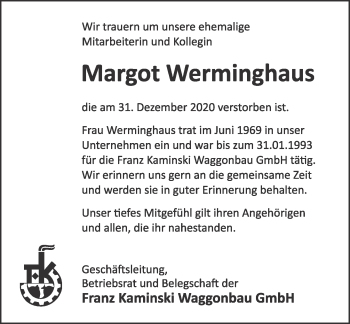 Traueranzeige von Margot Werminghaus von Deister- und Weserzeitung