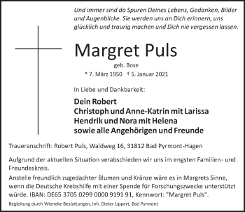 Traueranzeige von Margret Puls von Deister- und Weserzeitung