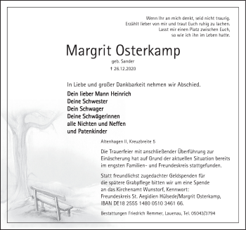 Traueranzeige von Margrit Osterkamp von Neue Deister-Zeitung
