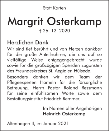 Traueranzeige von Margrit Osterkamp von Neue Deister-Zeitung