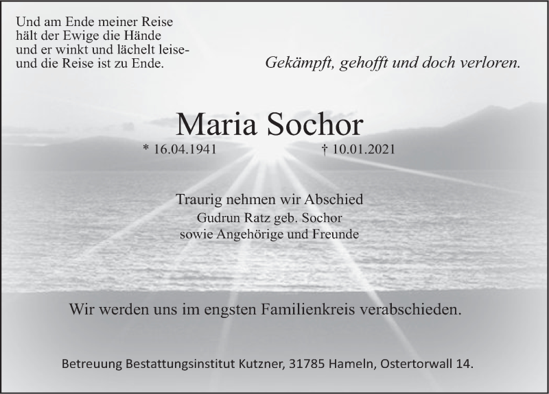  Traueranzeige für Maria Sochor vom 16.01.2021 aus Deister- und Weserzeitung