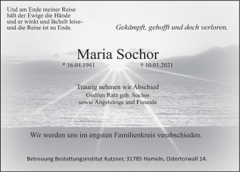 Traueranzeige von Maria Sochor von Deister- und Weserzeitung