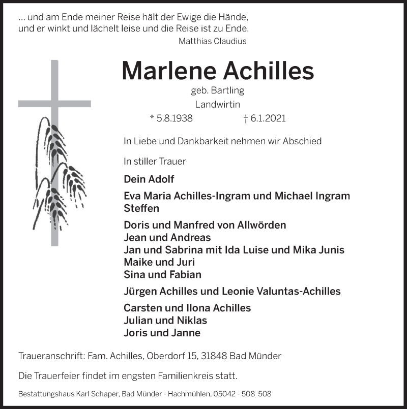  Traueranzeige für Marlene Achilles vom 09.01.2021 aus Neue Deister-Zeitung
