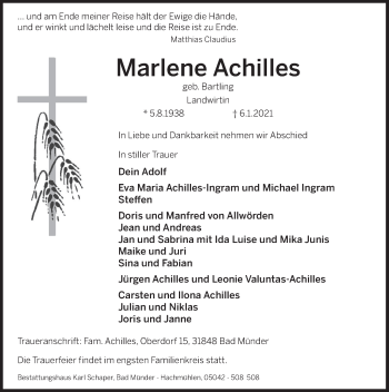 Traueranzeige von Marlene Achilles von Neue Deister-Zeitung