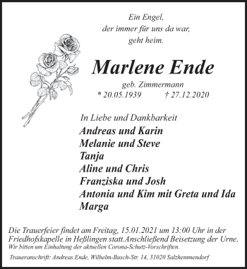 Traueranzeige von Marlene Ende von Deister- und Weserzeitung