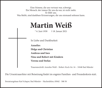 Traueranzeige von Martin Weiß von Neue Deister-Zeitung