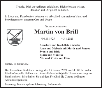 Traueranzeige von Martin von Brill von Deister- und Weserzeitung