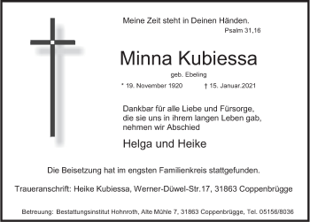 Traueranzeige von Minna Kubiessa von Deister- und Weserzeitung
