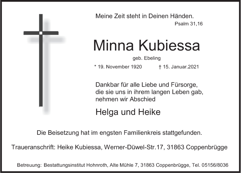  Traueranzeige für Minna Kubiessa vom 23.01.2021 aus Deister- und Weserzeitung