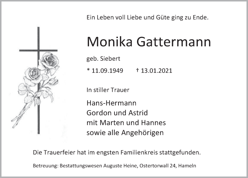  Traueranzeige für Monika Gattermann vom 23.01.2021 aus Deister- und Weserzeitung