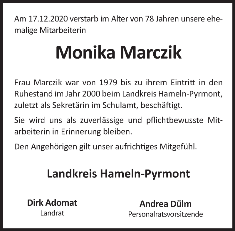  Traueranzeige für Monika Marczik vom 19.01.2021 aus Deister- und Weserzeitung