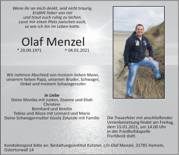 Traueranzeige von Olaf Menzel von Deister- und Weserzeitung
