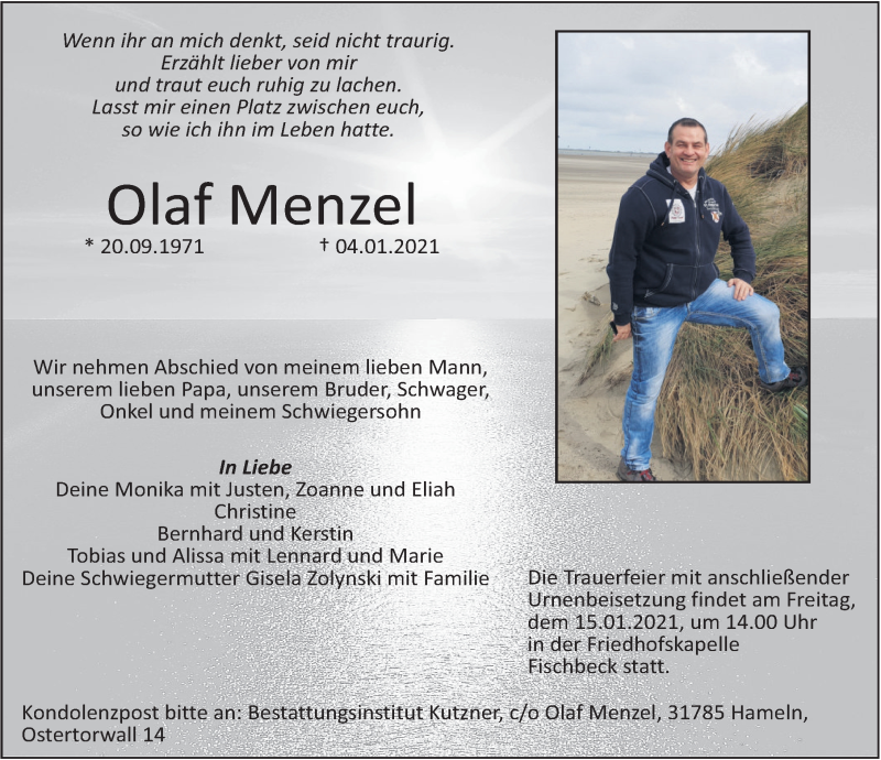  Traueranzeige für Olaf Menzel vom 09.01.2021 aus Deister- und Weserzeitung