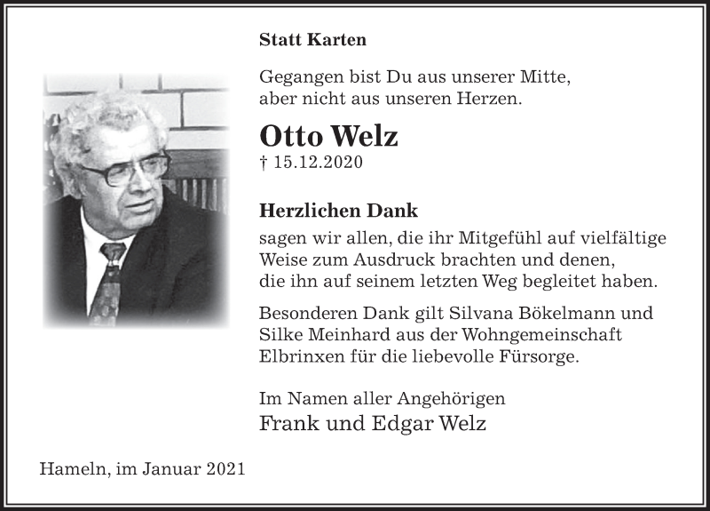  Traueranzeige für Otto Welz vom 16.01.2021 aus Deister- und Weserzeitung