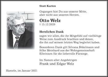 Traueranzeige von Otto Welz von Deister- und Weserzeitung