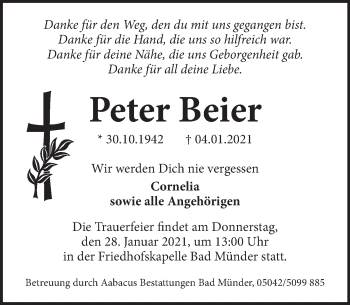 Traueranzeige von Peter Beier von Neue Deister-Zeitung