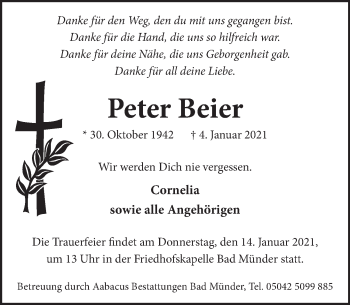 Traueranzeige von Peter Beier von Neue Deister-Zeitung