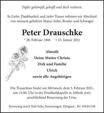 Traueranzeige von Peter Drauschke von Neue Deister-Zeitung