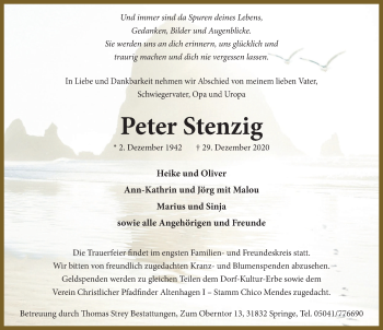 Traueranzeige von Peter Stenzig von Neue Deister-Zeitung
