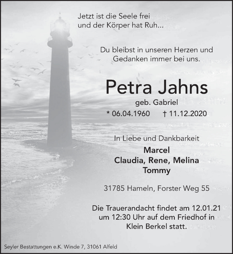  Traueranzeige für Petra Jahns vom 09.01.2021 aus Deister- und Weserzeitung