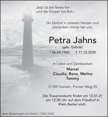 Traueranzeige von Petra Jahns von Deister- und Weserzeitung