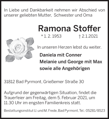 Traueranzeige von Ramona Stoffer von Deister- und Weserzeitung