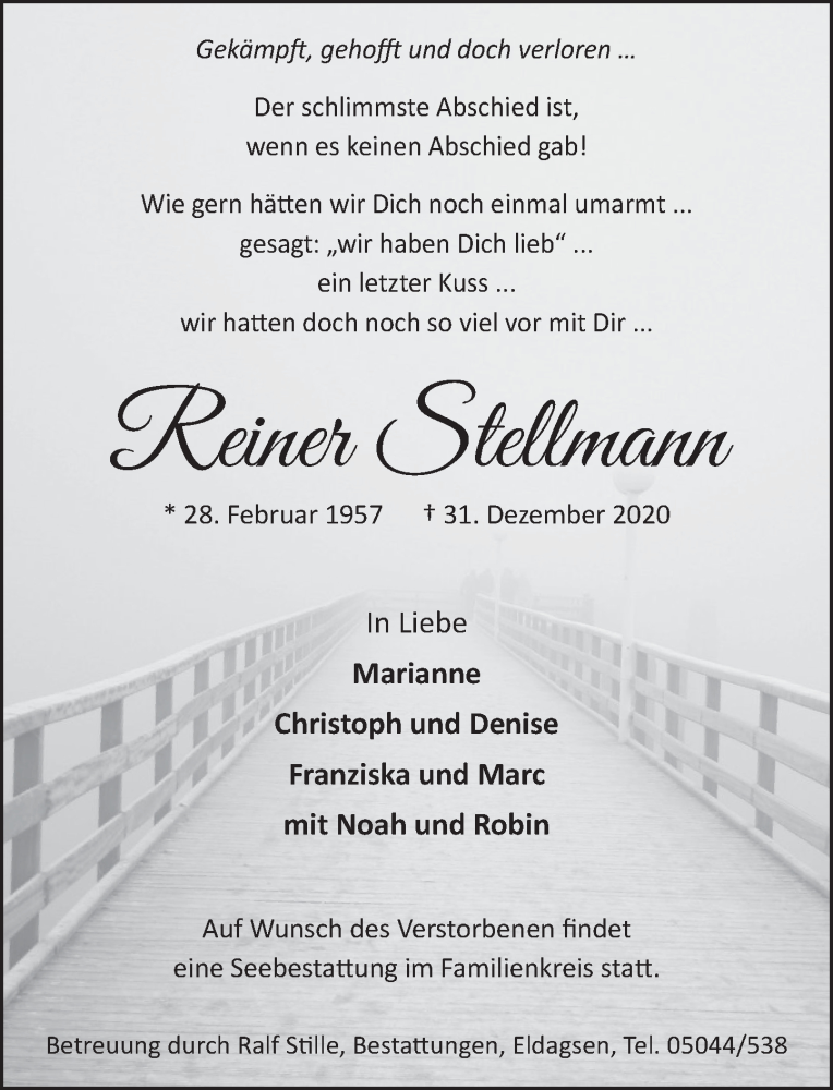  Traueranzeige für Reiner Stellmann vom 09.01.2021 aus Neue Deister-Zeitung