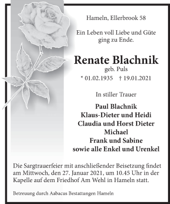 Traueranzeige von Renate Blachnik von Deister- und Weserzeitung