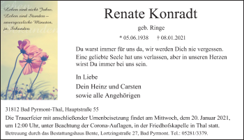 Traueranzeige von Renate Konradt von Deister- und Weserzeitung