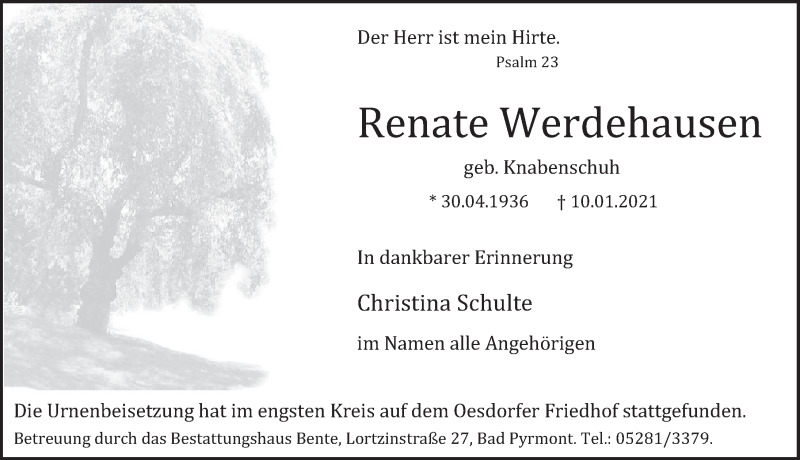  Traueranzeige für Renate Werdehausen vom 23.01.2021 aus Deister- und Weserzeitung