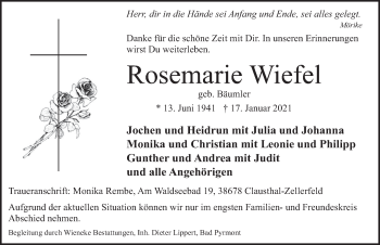 Traueranzeige von Rosemarie Wiefel von Deister- und Weserzeitung