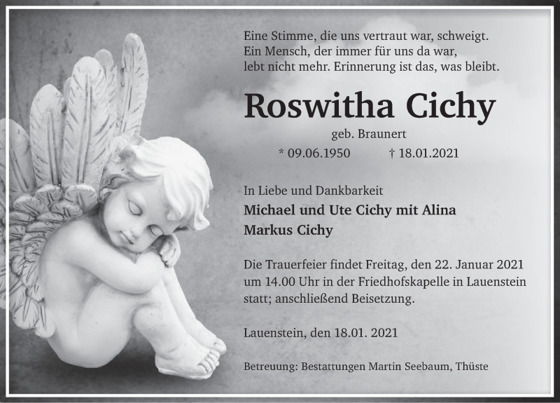 Traueranzeige für Roswitha Cichy vom 20.01.2021 aus Deister- und Weserzeitung