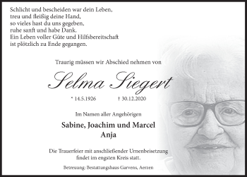 Traueranzeige von Selma Siegert von Deister- und Weserzeitung